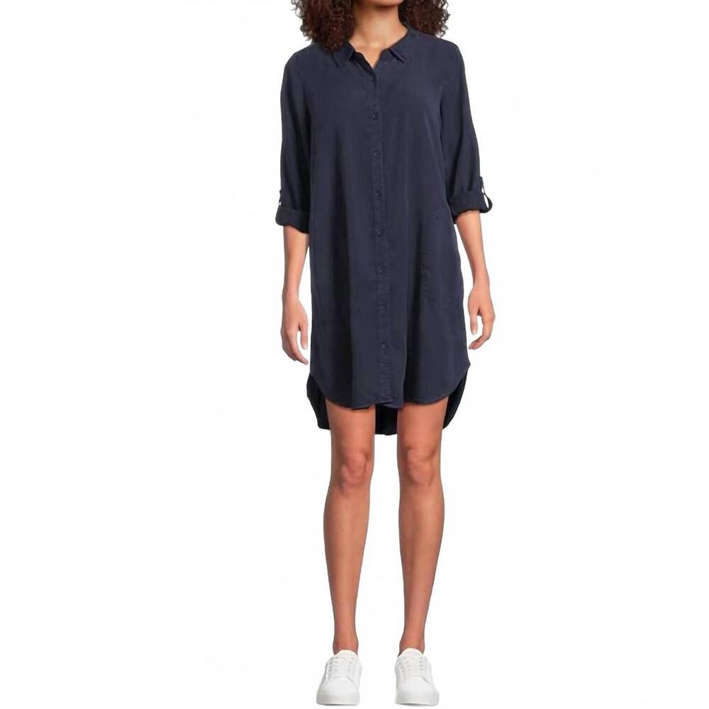 NEW MODODOC women's roll-up long sleeve shirt dress in vibrant navy